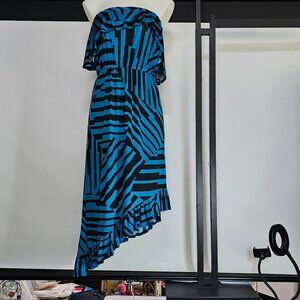 Striped Asymmetrical Strapless Dress – Bold Blue & Black Print, Ruffle Hem, Part